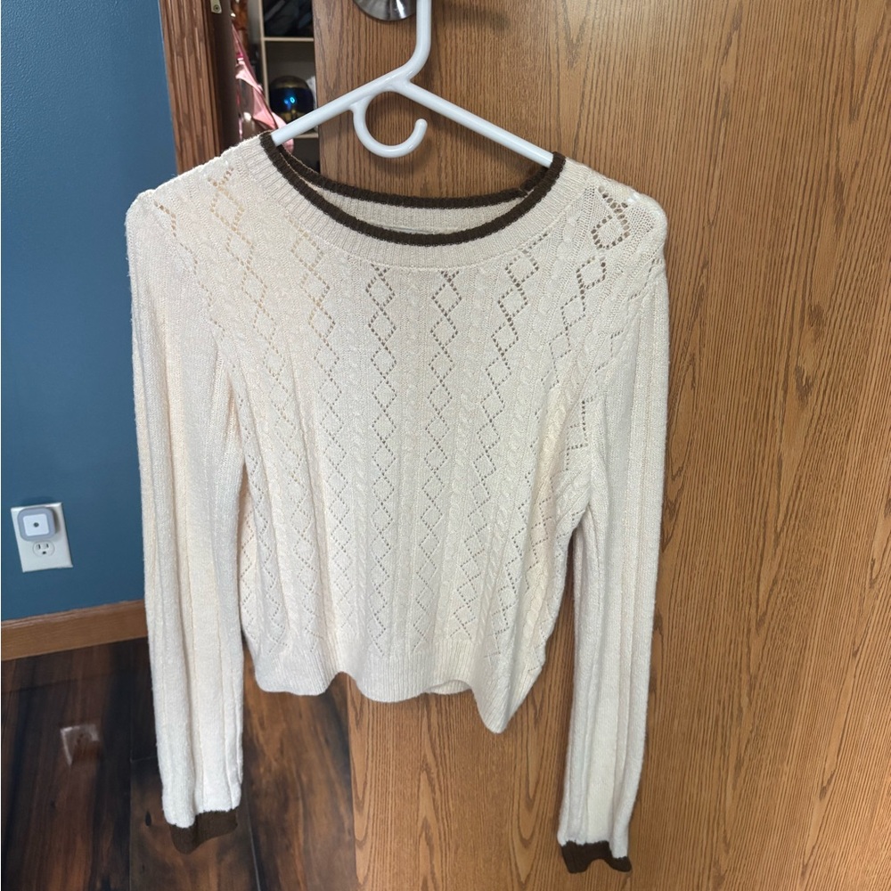 Francesca's Collection Cream Pointelle Sweater with Brown Trim